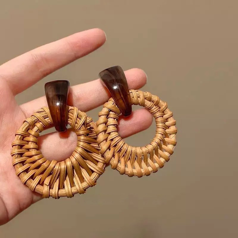 波西米亚风竹藤草编贝壳耳环长款流苏百搭度假风气质设计感耳饰女|undefined