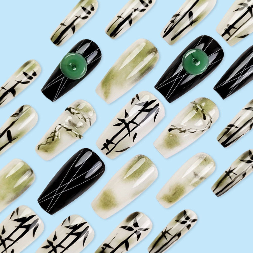 3D tinta estereoscópica bambú serpiente espíritu estilo nacional de uñas de jade verde negro para usar uñas de ballet 24 piezas empaquetadas pegatinas de uñas terminadas