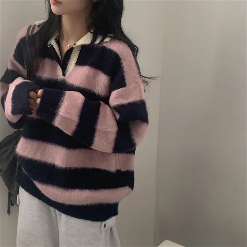 现货  蓝棕条纹polo翻领毛绒针织毛衣|undefined