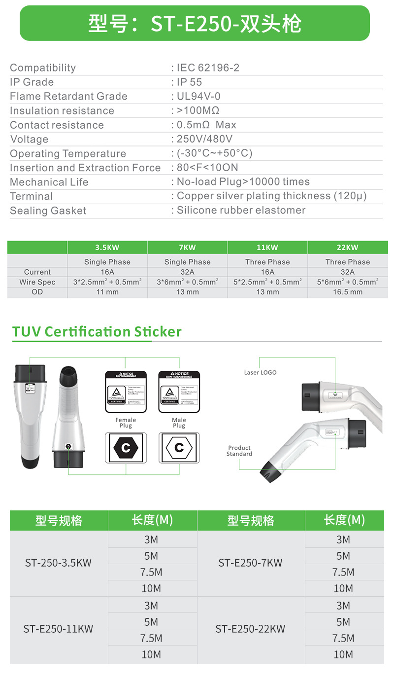 St-E250-Double-Head Gun for Electric Vehicles Type 2 European Standard Charging Double-Head Gun Cable Amazon Supply Wholesale