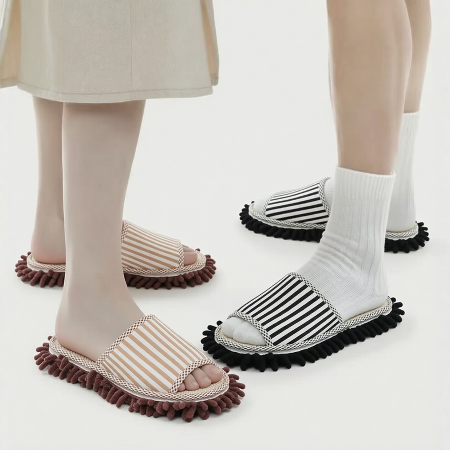 Cross-border linen removable and washable chenille floor cleaning slippers, striped style, unisex home cleaning slippers, lazy floor cleaning shoes