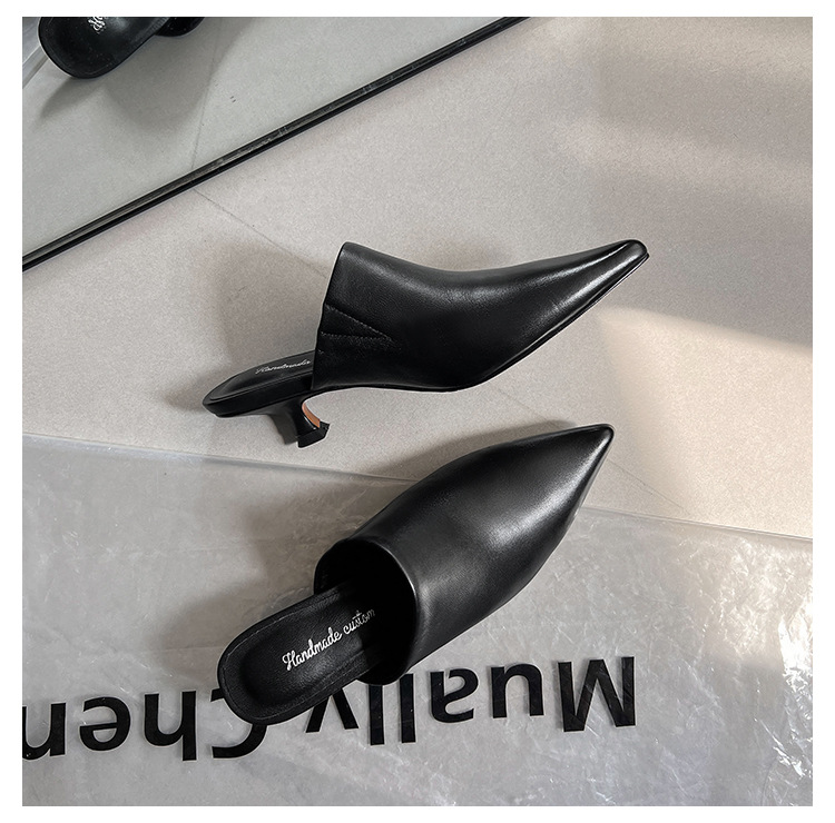 Dép mule nữ da cừu mềm mũi nhọn gót mèo 5 cm — Màu đen chi tiết 32