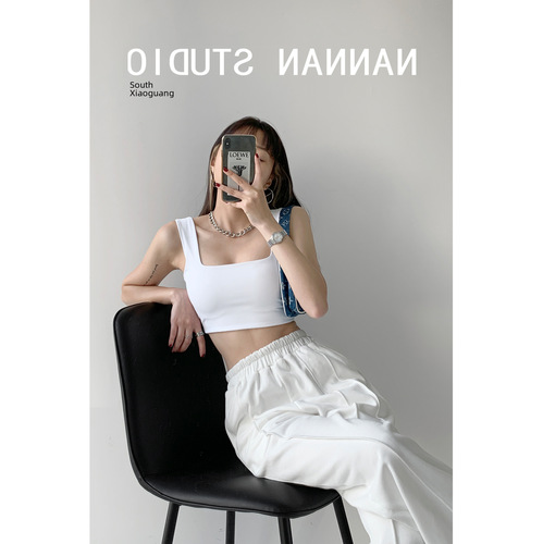 European and American INS street style square-neck strapless camisole for women, solid color wide-strap base shirt, sports top