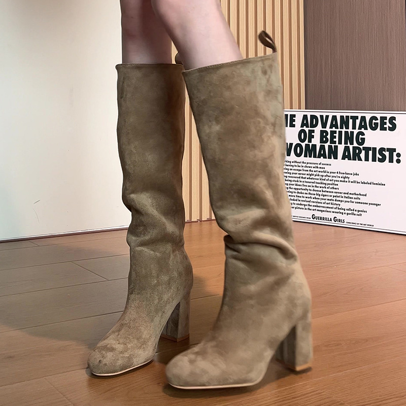 Gai Leling ZA 黒ハイヒールブーツレディースレザーブーツ 2024 秋冬厚いヒールハイブーツスリムナイトブーツ