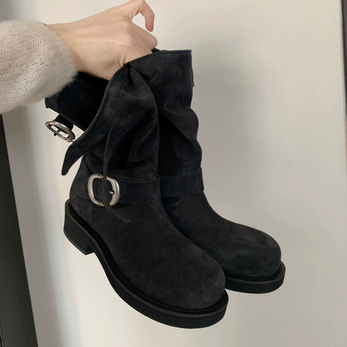 Женские короткие сапоги из натуральной кожи с мотоциклетным ворсом и круглым носком в стиле ретро, мотоциклетные короткие сапоги с круглым носком