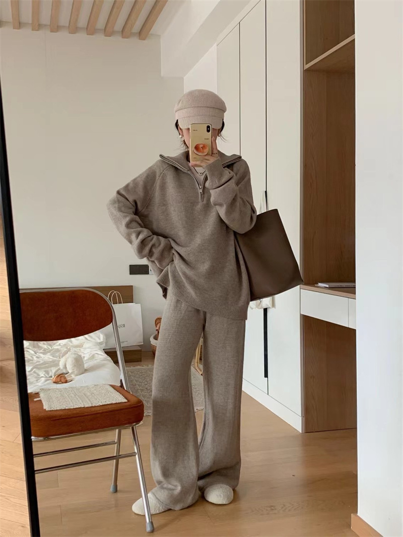 Women’s Korean Style Knit Sweater & Wide Leg Pants Set – Lapel Half-Zip Lounge Suit (One Size, 6 Colors)_voghion.com
