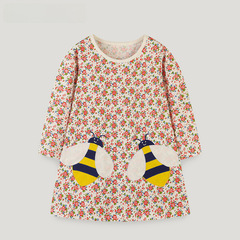 跨境貨源秋裝女童連衣裙中小童洋氣圓領碎花裙寶寶小蜜蜂貼布童裙