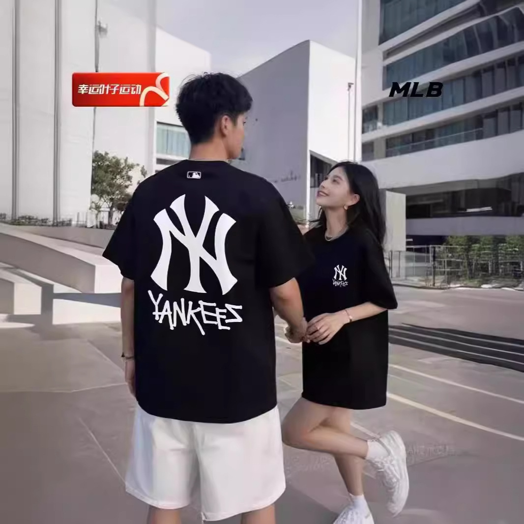 MLB 남녀 커플 스포츠 티셔츠 큰 로고 캐주얼 패션 짧은 소매 24 봄과 여름 새로운 세대의 머리카락