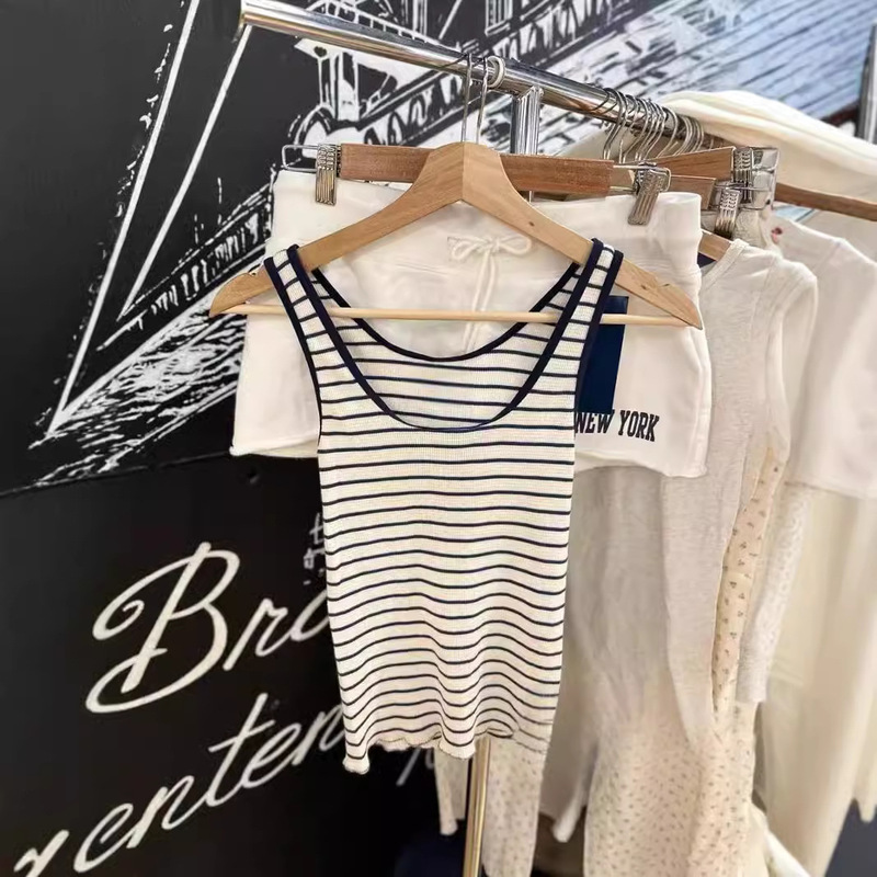 BM Style New Arrival Waffle Navy Blue and White Striped Fringe Camisole Women's Bm Slim-fit Slim Base Top Trendy