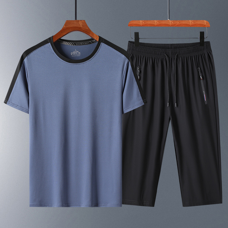 Trajes de hielo para hombres, trajes deportivos casuales de cuello redondo, mangas cortas, pantalones sueltos de siete puntos para hombres, set transpirable de verano de secado rápido de dos piezas
