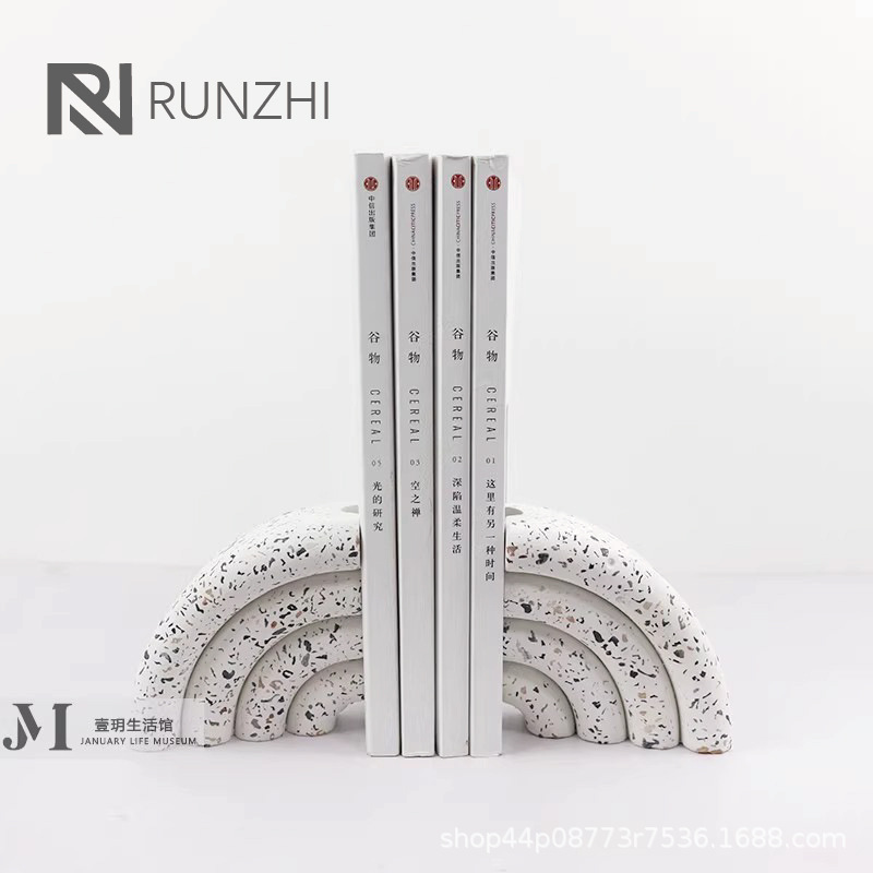 现代简约北欧几何形水磨石书档 创意家居书房书立烛台装饰品摆件