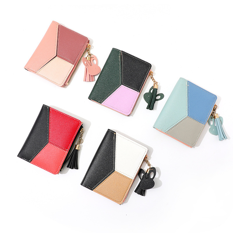 Cross-border Explosions Three-color Stitching Two-fold Short Wallet Girl's Fashionable Simple Side Zipper Wallet Card Bag Storage