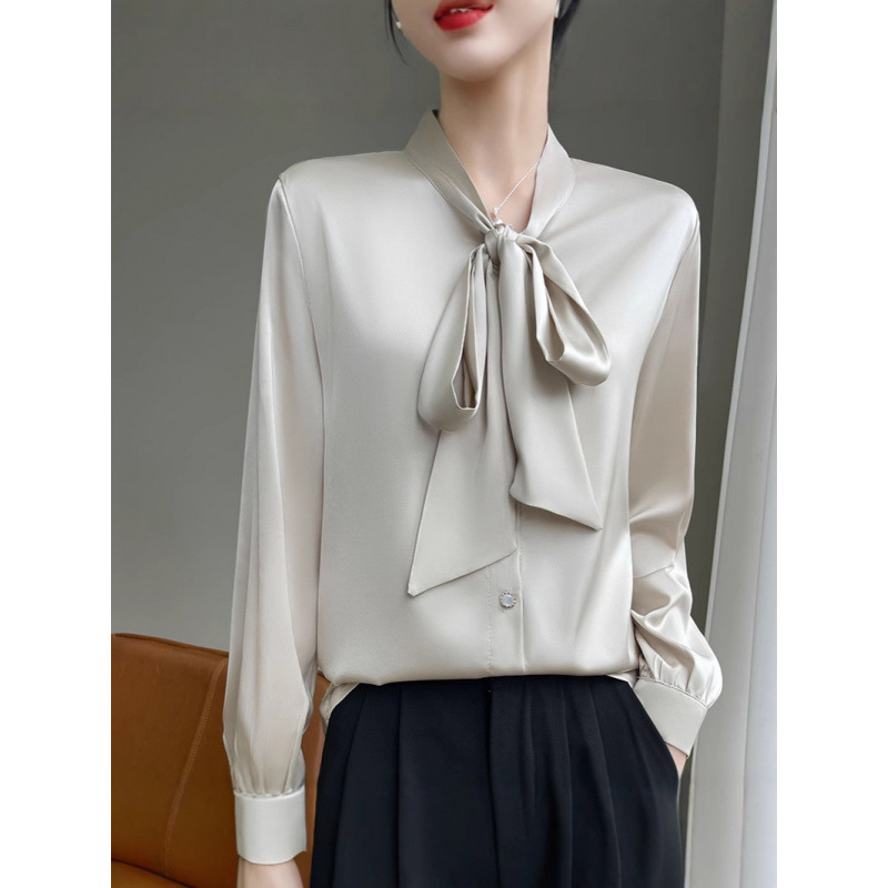 High-end Satin Bow Floating Shirt Women's Summer New Draped Silky Korean Style Long Sleeve Top Base Shirt
