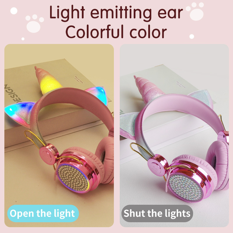 Customized Cross-Border New Private Model Head-Mounted Cartoon Smart Luminous Unicorn Wireless Bluetooth 5.1 Kidsren's Headphones
