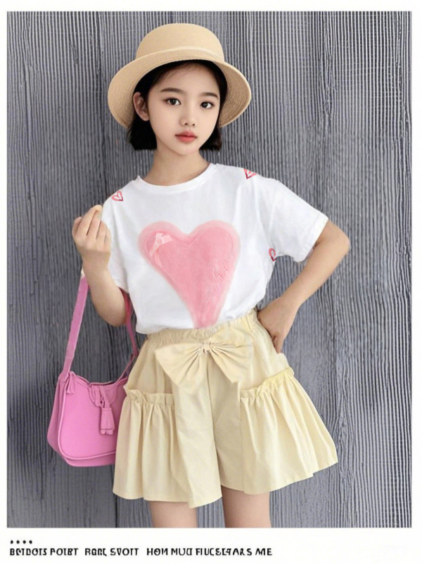 女の赤ちゃん 2025 夏の新スタイル無地ラブ半袖ショーツ服夏のツーピースセット外国貿易卸売|undefined