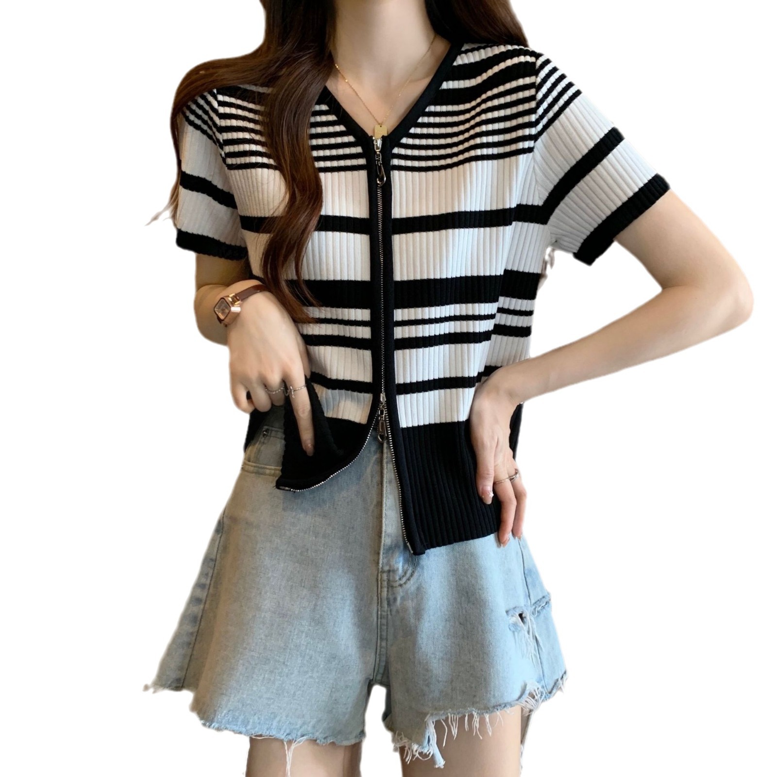 T-shirt a maniche corte con scollo a V a righe chic per donna in estate, alla moda e snellente, elegante maglia in seta ghiacciata con cerniera_voghion.com