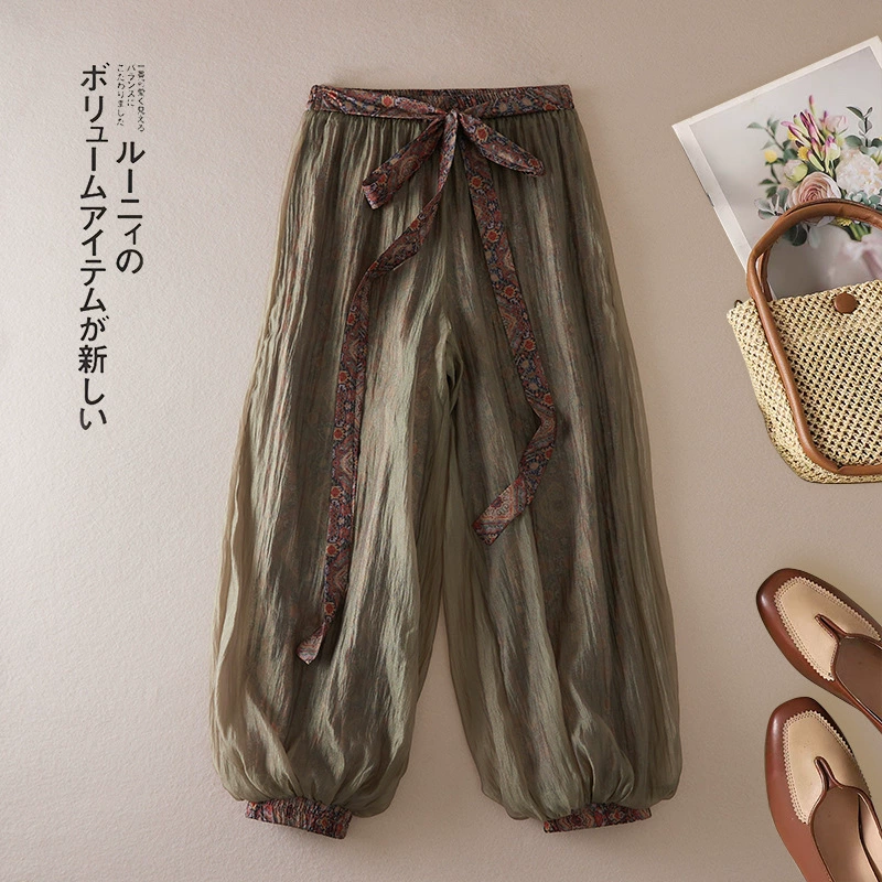 Реальная стрельба в народном стиле тонкие фонарные брюки женские летние новые брюки с высокой талией повседневные тонкие укороченные брюки