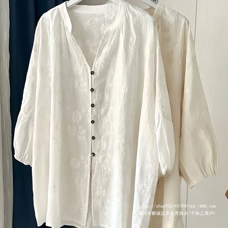 Jacquard Embroidered Three-Quarter Sleeve Mid-Length Cotton Loose Shirt for Women, Elegant and Versatile for Spring and Summer, Sun-Protective Shirt Jacket Jacquard Embroidered Three-Quarter Sleeve Mid-Length Cotton Loose Shirt for Women, Elegant and Versatile for Spring and Summer, Sun-Protective Shirt Jacket