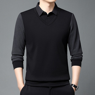2024 Spring and Autumn New Men's T-Shirt Casual Lapel Fake Two-Piece Top Men's Long Sleeve Fashion Easiest for Match Men's Clothing