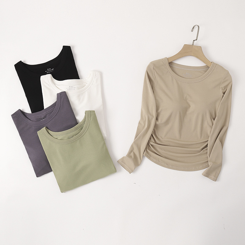 莫代尔棉带胸垫T恤长袖秋衣睡衣上衣单件女文胸内搭打底内衣线衣