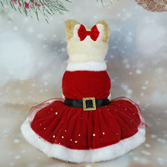 クリスマスのペットの服のクリスマスの金のベルベットの生地のサンタクロースは髪の輪の赤いネットのスカートを飾っています。