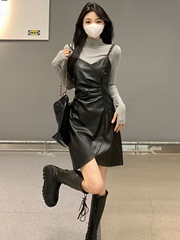 pu皮吊带裙两件套大码半高领打底衫胖妹妹辣妹炸街收腰连衣裙套装