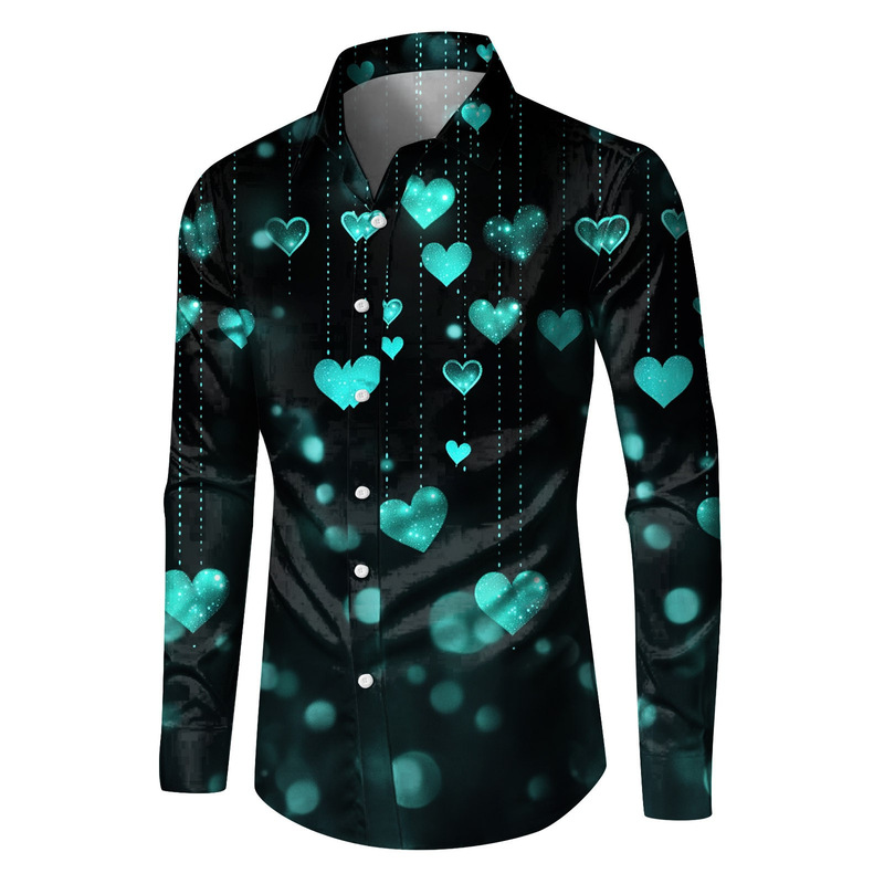 2025 Men's Explosions Long Sleeve Shirt 3D Printing Fashion Casual Valentine's Day Series Cross-border European and American Men's Long Lining
