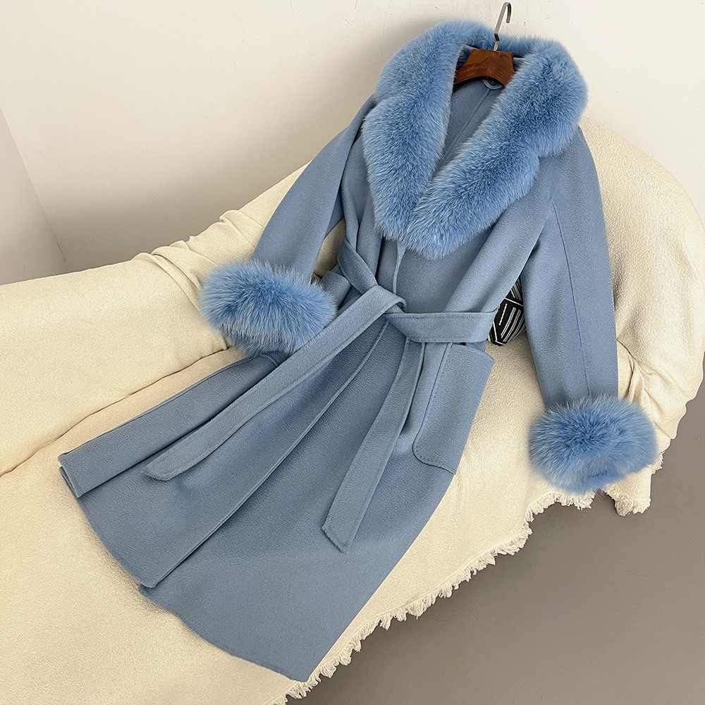 Sieviešu apģērbs Rudens un ziemas jauns divpusējs vilnas mētelis ar lapsas kažokādas apkakli, sieviešu 100% vilnas, augstas kvalitātes vilnas mētelis_voghion.com