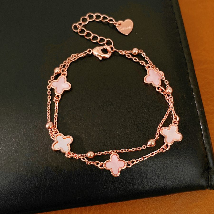Flores de hierba afortunadas pulsera de doble capa ligera de lujo nicho pulsera de alta sensación temperamento diario joyas de moda al por mayor image 7