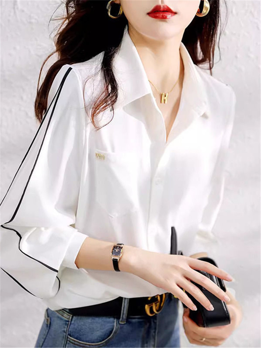 Clearance Sale of Top-Tier Brand Items from Department Stores: Women's Shirts with Cut-Out Labels, Featuring Stylish Color-Blocking and Line Design for Autumn