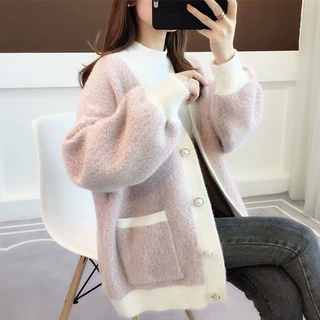 秋冬新款外贸女装针织开衫毛衣女外套宽松慵懒风雪尼尔外搭上衣