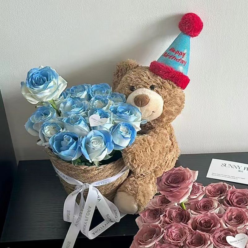 Oso de peluche con flores eternas para regalo de Año Nuevo, oso de peluche con ramo de flores para regalo de cumpleaños para amigas