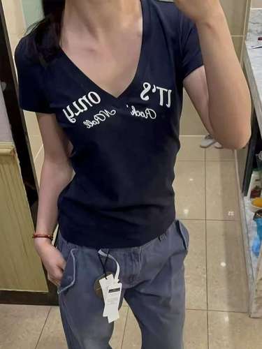 【220g 40 pcs pure cotton】letter embroidery V-neck short-sleeve t-shirt women slim fit short top white