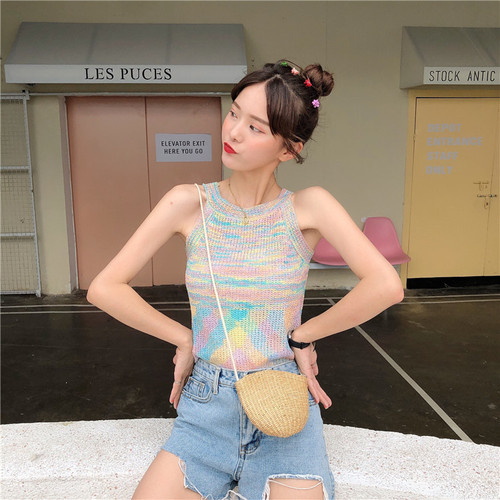 South East Asia Tie-Dye Colorful Neckless Tank Top for Women  Summer Korean Version Fitted Slimming Retro Knit Sleeveless Top