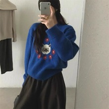 2025年秋冬季新款慵懒风高级感猫咪提花卡通克莱因蓝套头毛衣女