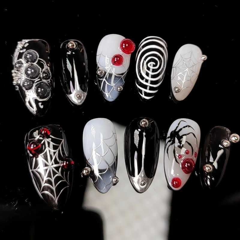 30 Pieces of Cross-Border Halloween Hot-Selling Almond Wearable Nails 3D Stereo Blood Drop Spider Silver Gilt Spider Web Manicure 30 Pieces of Cross-Border Halloween Hot-Selling Almond Wearable Nails 3D Stereo Blood Drop Spider Silver Gilt Spider Web Manicure