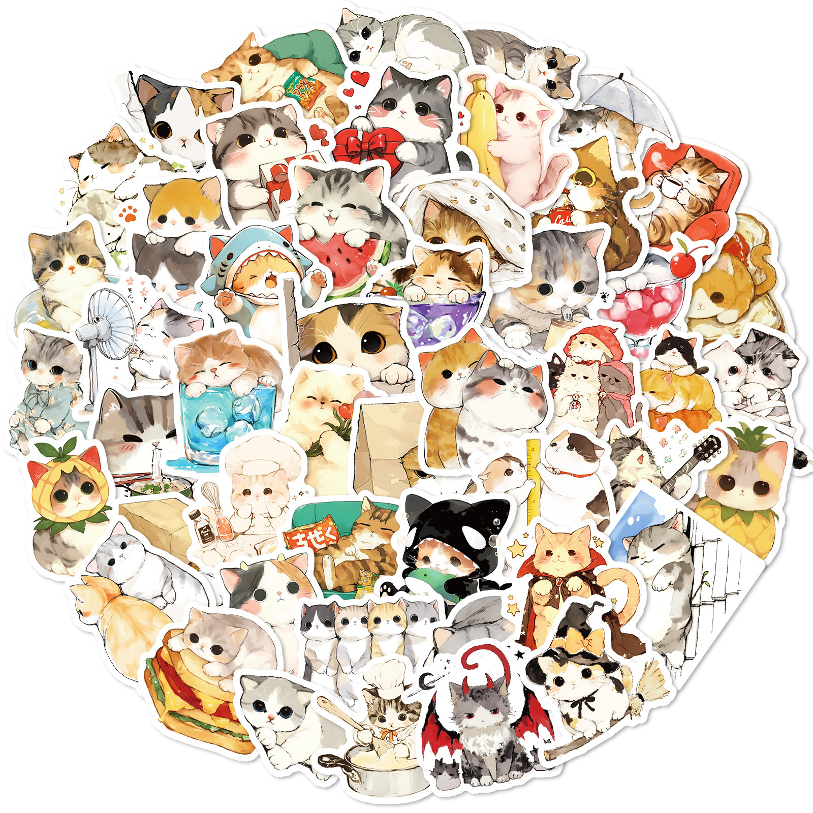 50张新款各种小猫咪可爱装饰贴纸亚马逊跨境畅销防水装饰水杯平板