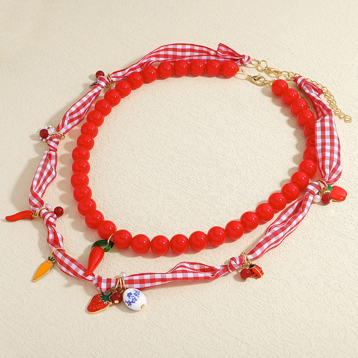 Cherry, Fruit, Carrot Pattern Cute Modern Style Cherry Fruit Carrot Alloy Plastic Bandana Silk Scarf Cord Beaded Chain Lobster Trigger Clasp Closure Pendant Necklaces Wholesale
