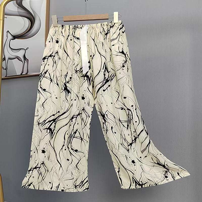 Pijama de seda de algodón para mujer, pantalones anchos de mujer embarazada de seda de algodón con estampado fino de verano
