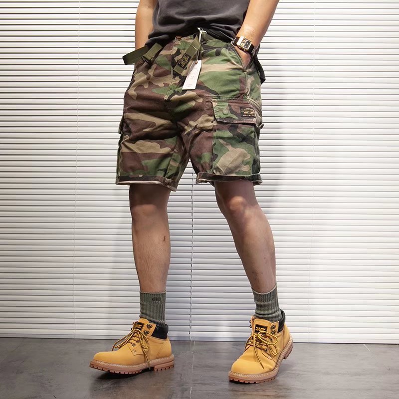 Camouflage Pants Cargo Shorts Men's Summer Trendy Hong Kong Style Loose Straight Multi-Flap Pocket Pants American Retro Casual Trousers
