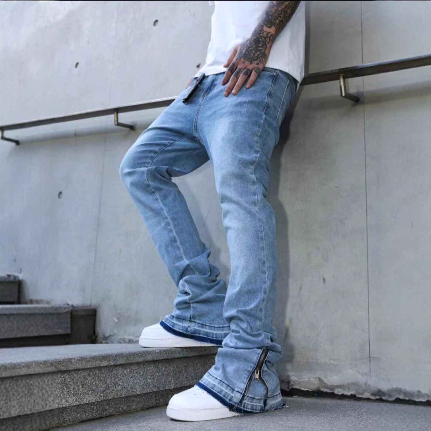 Cross-Border Men's Jeans 2026 American Style Spring and Summer Whiskered Loose Flared Wide-Leg Straight Jeans for Men