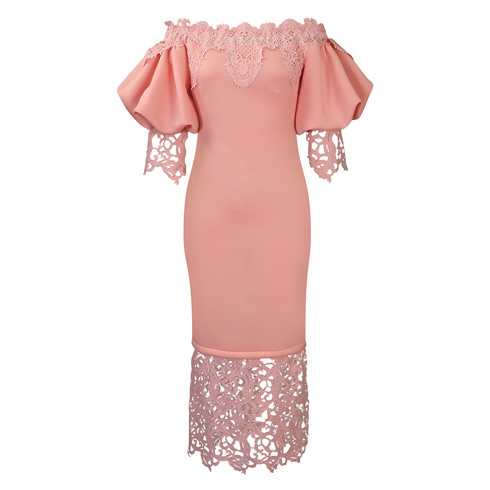 Off Shoulder Lace Trimmed Evening Dress Lantern Sleeves Elegant Design Perfect for Parties Wholesale Available