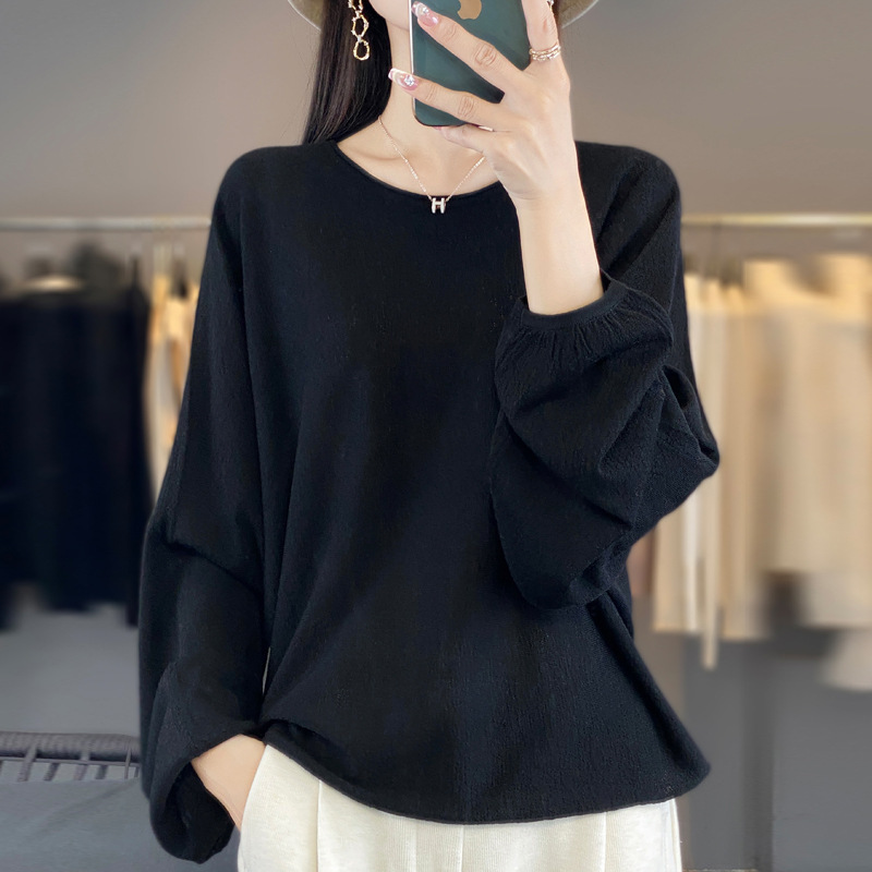 Spring summer woolen knitted sweater with a round collar