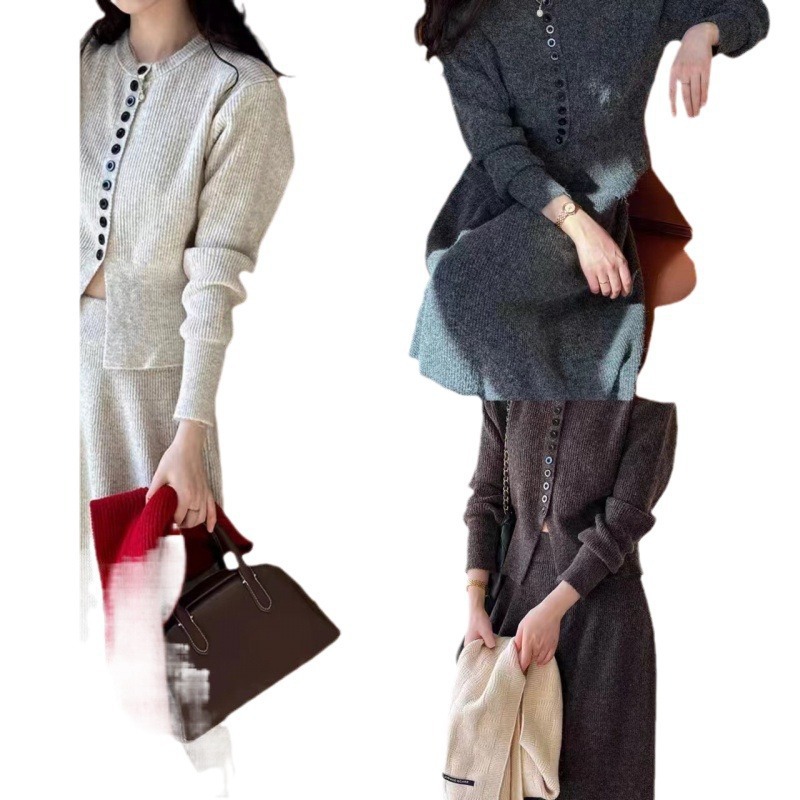 (2개) 모조 캐시미어 디자인 센스 작은 향기로운 스타일 니트 가을과 겨울 새로운 프랑스 스타일 사교계 스타일 차 착용 투피스 세트