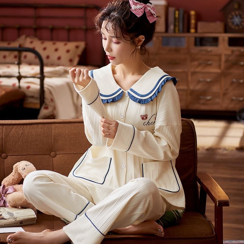 Pijamas para mujeres Primavera y otoño nuevo traje % algodón solapa de manga larga ropa al aire libre para estudiantes Otoño e Invierno ropa para el hogar