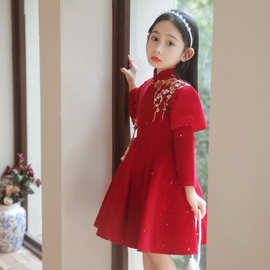 中国风女童红色新年礼服儿童主持人花童公主裙钢琴演出服冬季