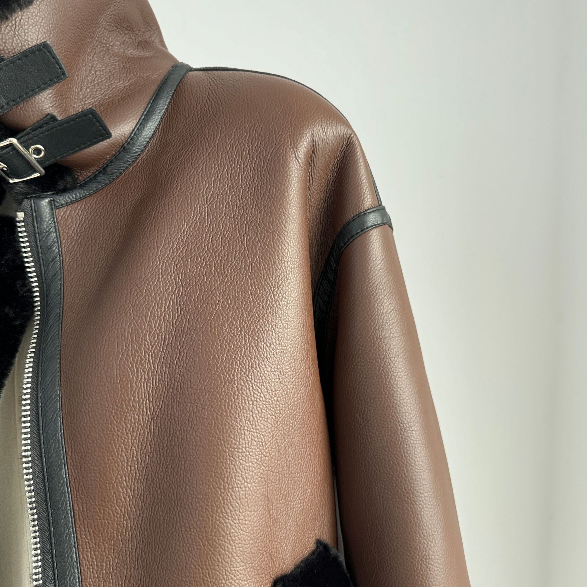 Women's Clothing retro motorcycle style belt decoration stand collar fur lamb wool thick warm coat women's jacket_voghion.com