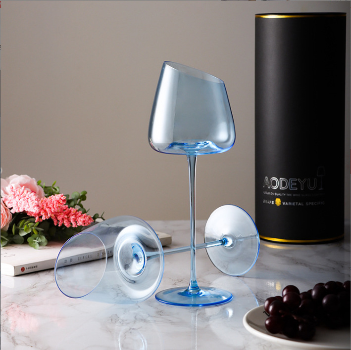Copa de vino rojo oblicuo francés de alto aspecto Klein azul cristal copa de vino rojo par de pareja