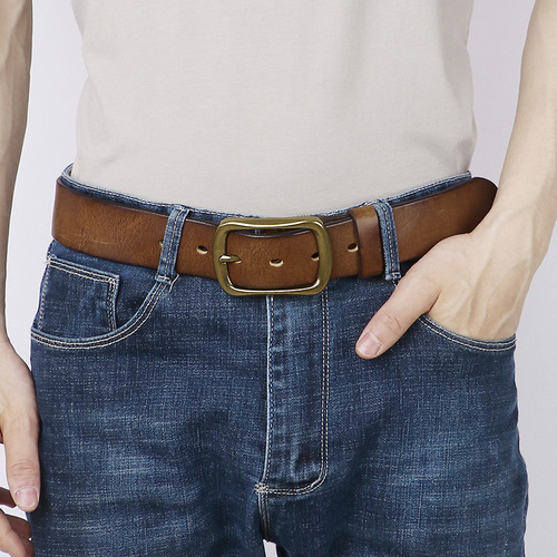 Retro hand-rubbed versatile pleated copper buckle belt men's genuine leather trendy pin buckle pure cowhide trouser belt for middle-aged and young people