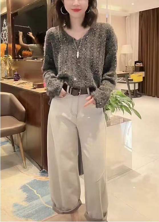 欧货亚马逊彩色V领长袖针织衫上衣女秋季宽松慵懒风软糯毛衣|undefined